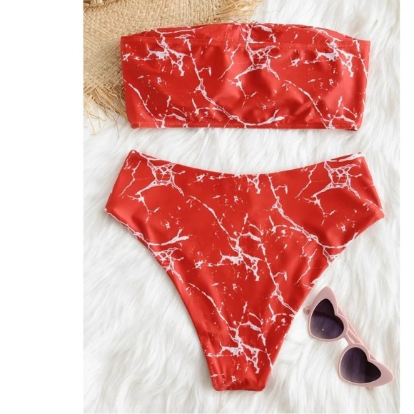 ZAFUL Strapless Marble Print High Waisted Bathing Suit Purple Sage Bush - Picture 3 of 7